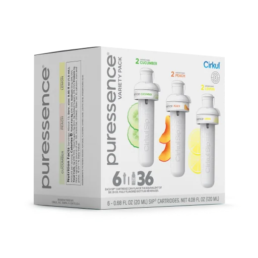 Sugar-Free Puressence 6-Pack Variety Pack 3T3F - Zero-Calorie Multi-Flavor Sip Pods for Water Bottle Detail